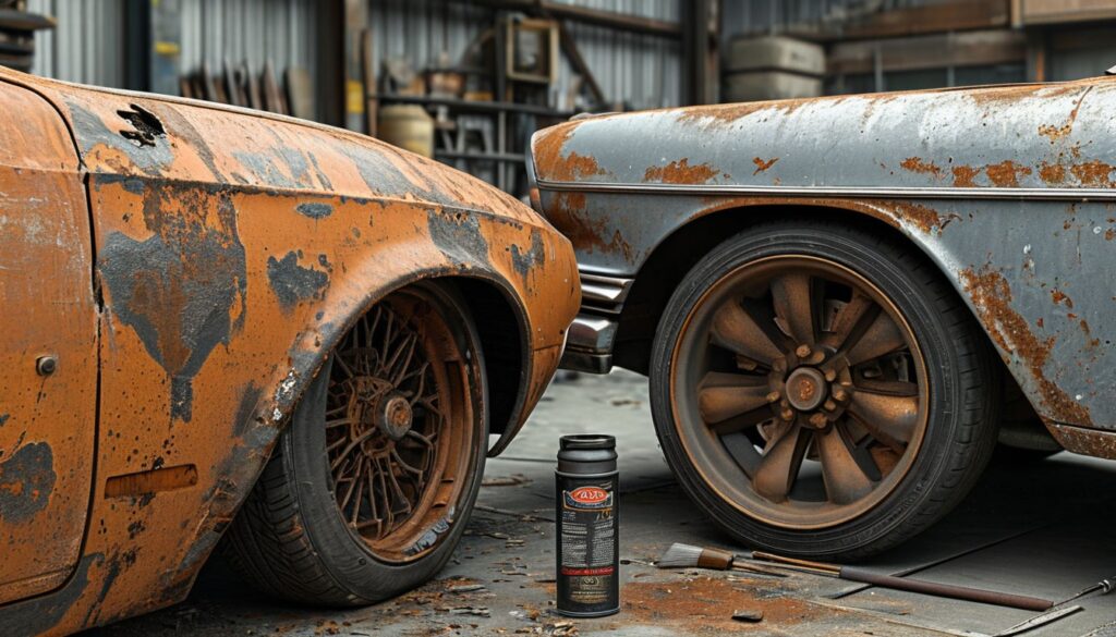 преобразователь ржавчины: сравнение металла до и после обработки, аэрозоль и кисть на фоне гаража