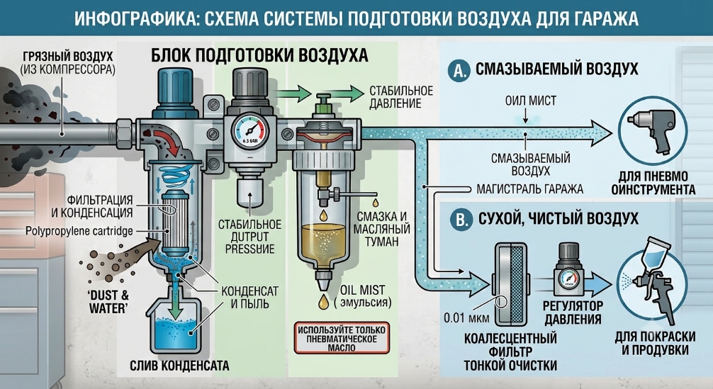 Подробная схема разделения пневмомагистрали на смазываемый и сухой контуры